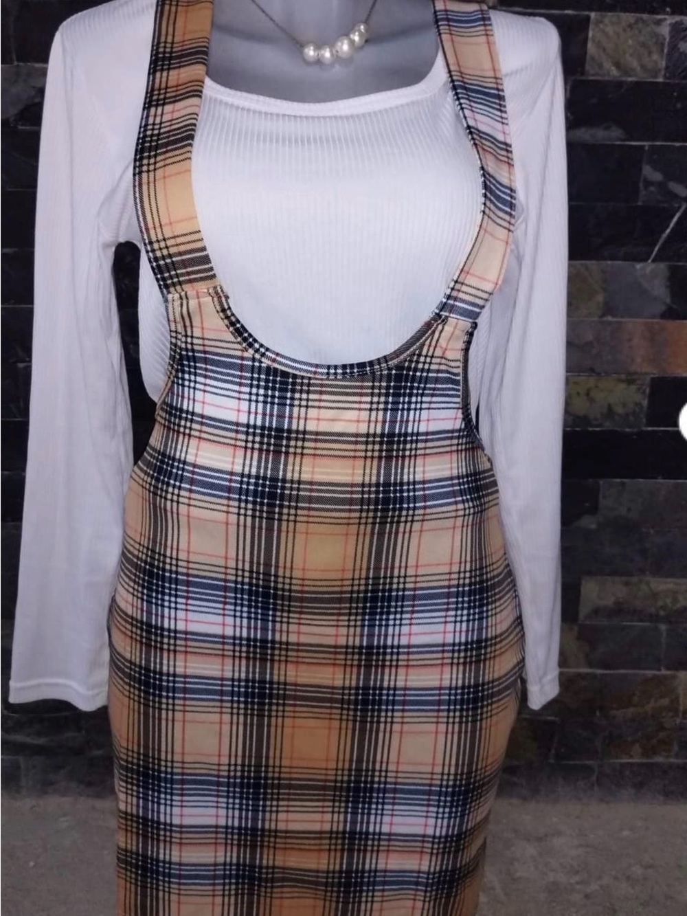 Plaid Pinafore Dress in Beige and Navy - Women's Layered Look